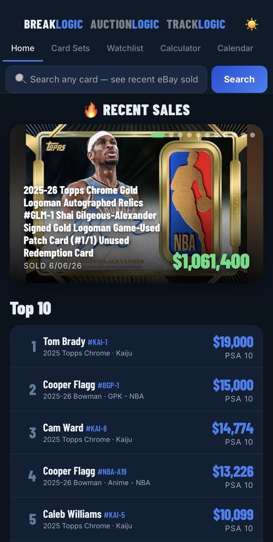 BreakLogic app home screen showing Recent Sales and Top 10